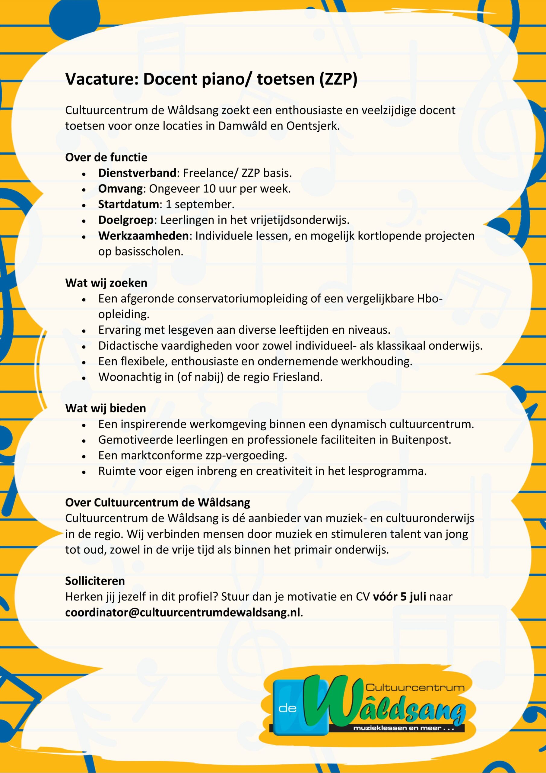 Vacature Docent Piano / Toetsen